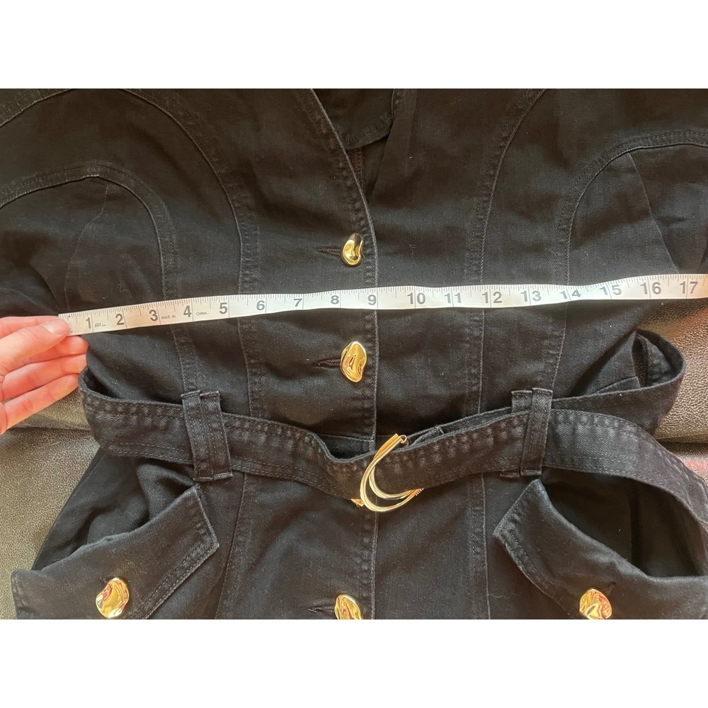 Commense Black Denim Puff Sleeve Belted Mini Dress Gold Dark academia work XS - Picture 8 of 9